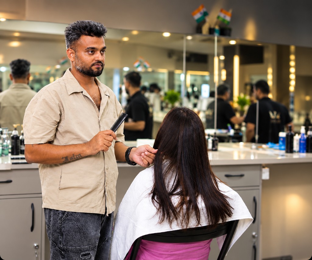 Rahul teaching on the salon floor